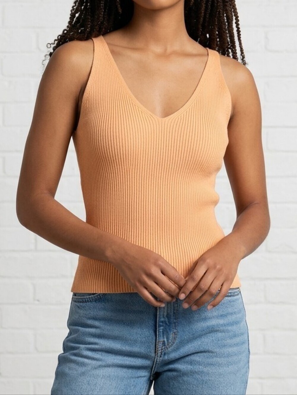 Mango Ribbed Knit V-Neck Top, Peach